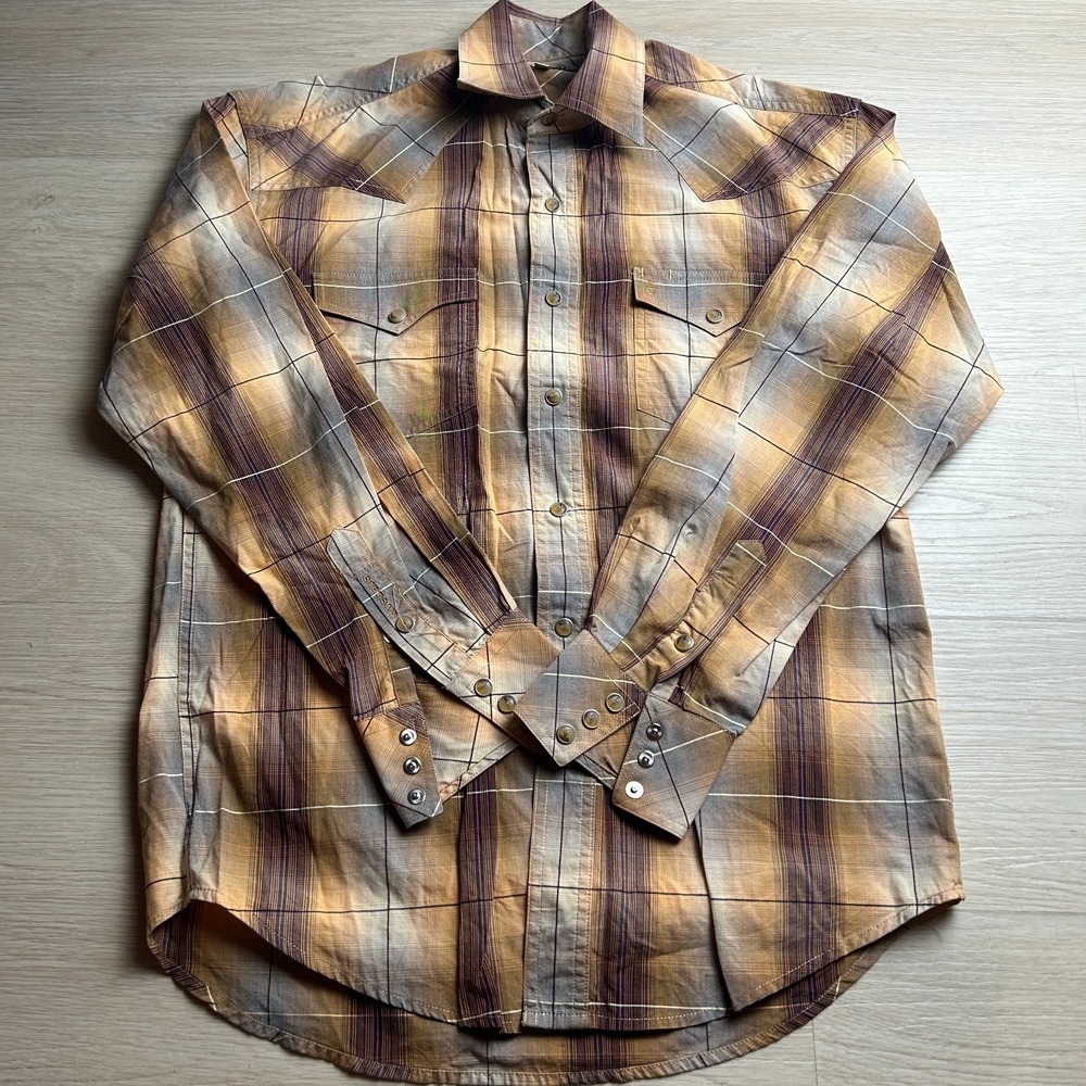 Stetson Mens Small Western Pearl Snap Shirt Yellow Tan Plaid Front Back Yoke